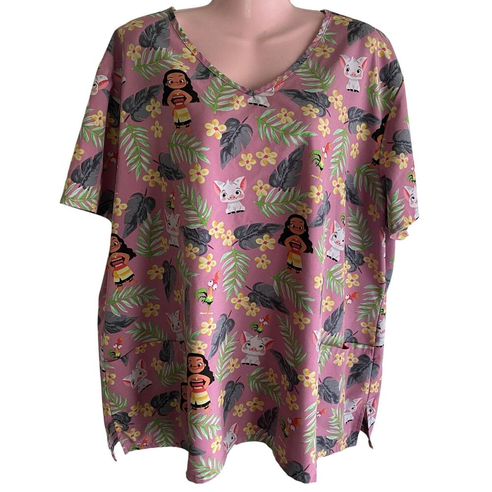 Disney Moana Tunic Top Womens 3XL Pink Tropical Floral Character Print V Neck